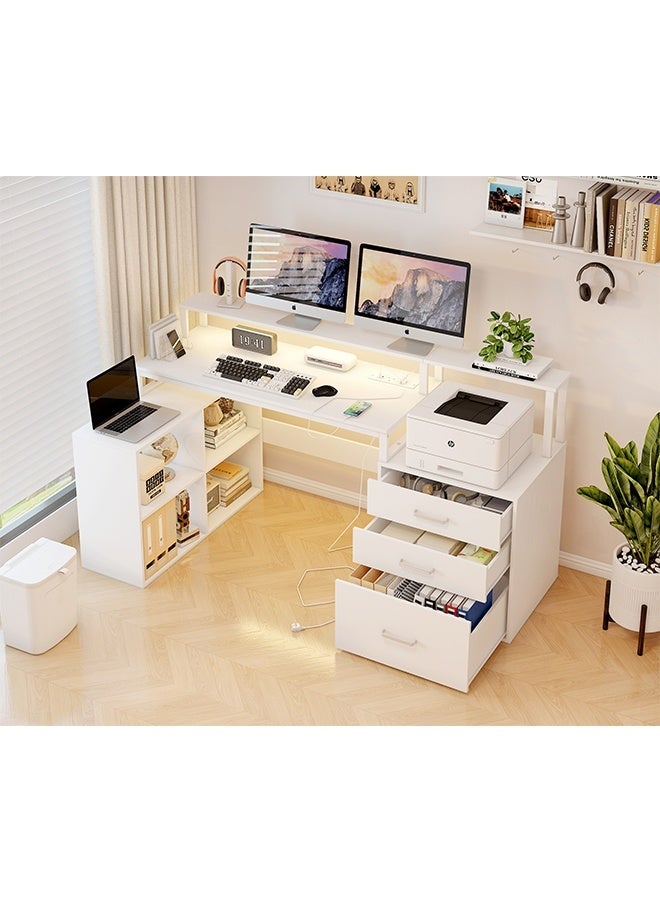 L-Shaped Computer Table with Built-in Power Strip & LED Lights, Multi-Functional Gaming Table with Storage Rack & Drawer, Office Table Study Table Suitable for Home and Office